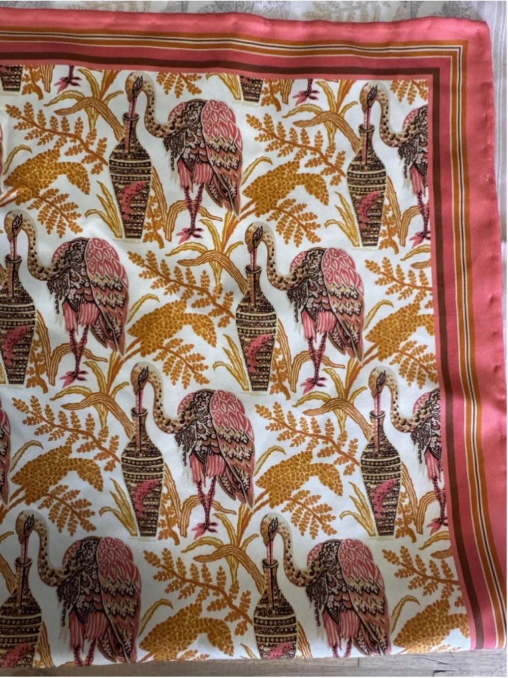 J.McLaughlin Silk Rare Bird Square Scarf Hand rolled Pink Yellow